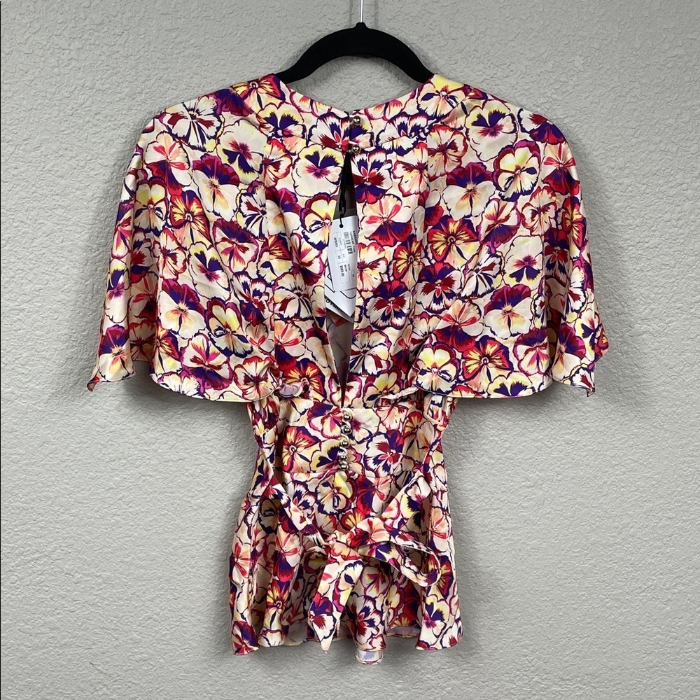 NWT Paco Rabanne Sunny Pansy Printed Cape Sleeve Floral Top Sz 34 - Picture 7 of 15